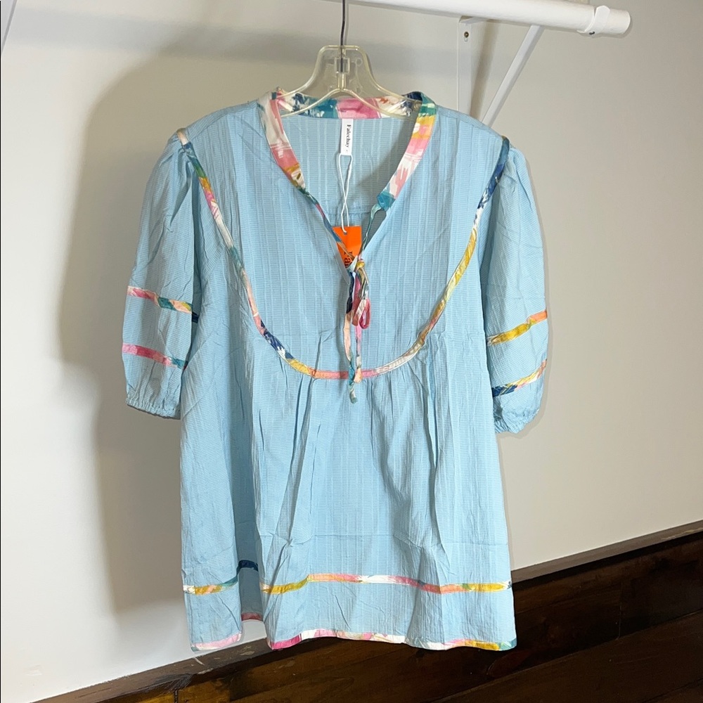 NWT Amazonβ Light Blue Peasant Top with Multicolor Trim- XL
